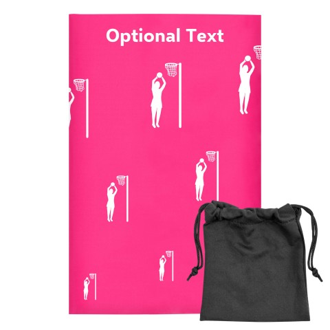 Regular (38cm x 25cm) (Netball Icon) - Fuchsia Pink - Stretch Polyester (Personalised with Text) with Small Black Storage Pouch