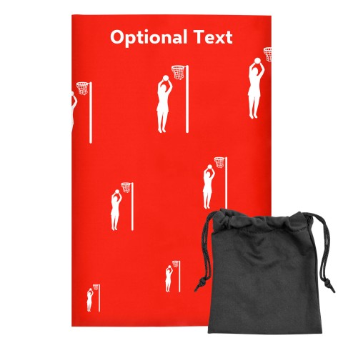 Regular (38cm x 25cm) (Netball Icon) - Red - Stretch Polyester (Personalised with Text) with Small Black Storage Pouch