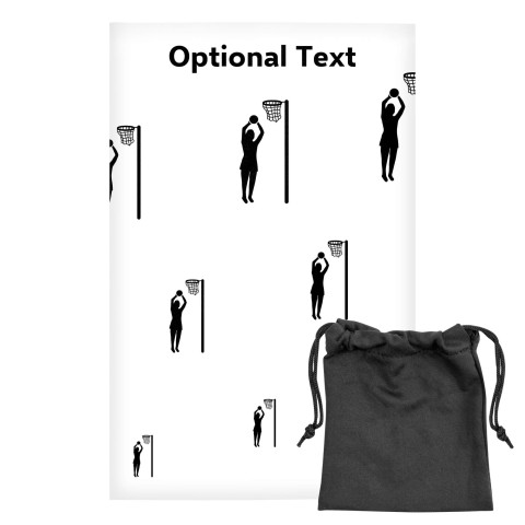 Regular (38cm x 25cm) (Netball Icon) - White - Stretch Polyester (Personalised with Text) with Small Black Storage Pouch