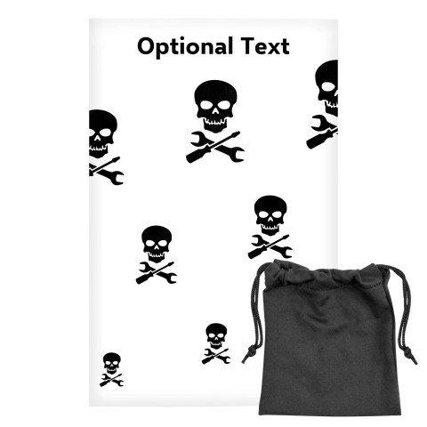 Regular (38cm x 25cm) (Skull & Spanner Icon) - White - Stretch Polyester (Personalised with Text) with Small Black Storage Pouch